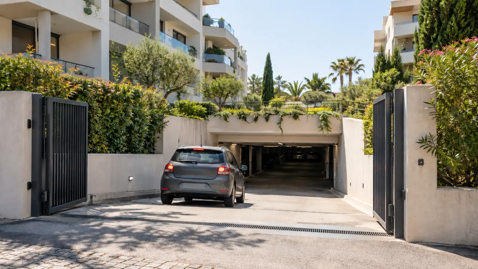 Entrée ouverte d’un parking souterrain dans une résidence entourée de végétation méditerranéenne