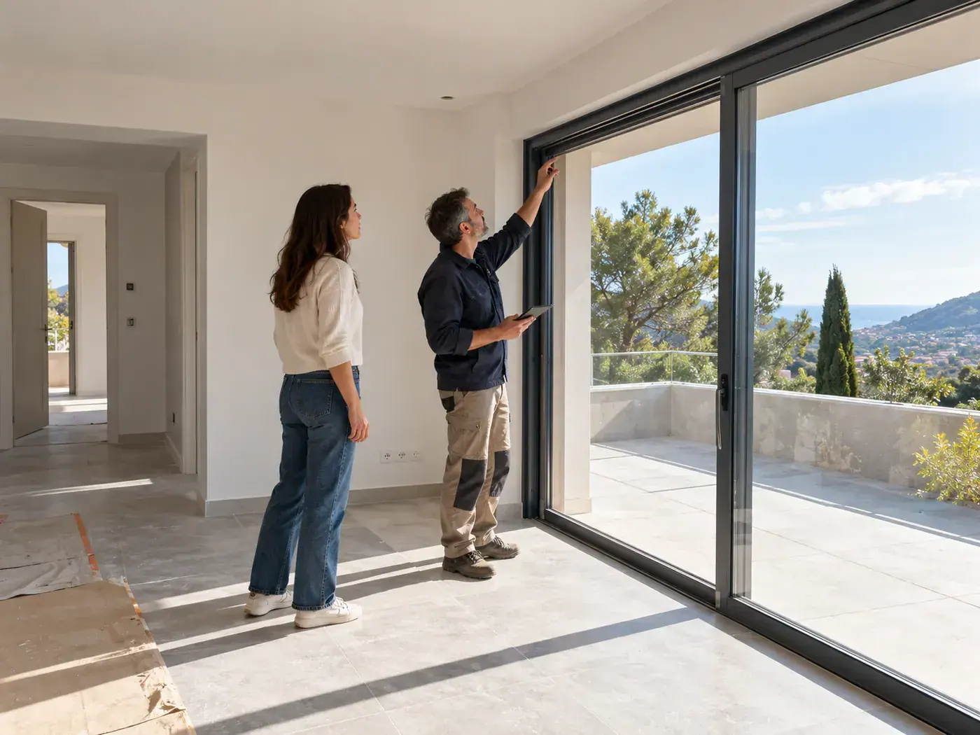 Acheteuse observant une baie vitrée avec un professionnel dans un appartement neuf presque achevé