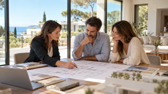 Couple examinant des plans immobiliers avec une professionnelle dans un intérieur lumineux