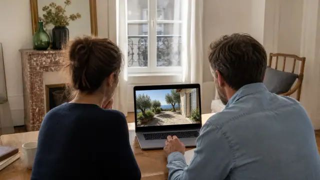 Couple regardant sur un ordinateur la visite vidéo d’une maison méditerranéenne