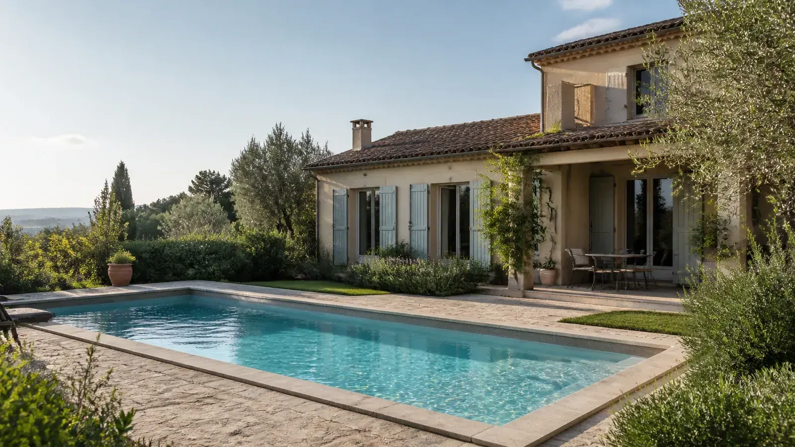 Maison méditerranéenne avec piscine extérieure et jardin arboré