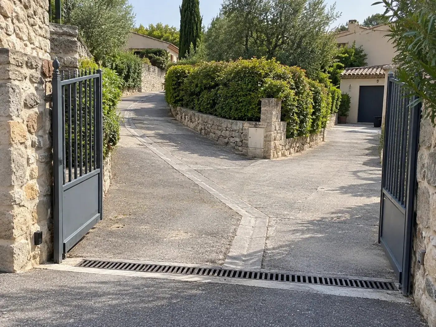 Accès partagé avec portail ouvert, bifurcation, pente et grille de drainage devant deux maisons