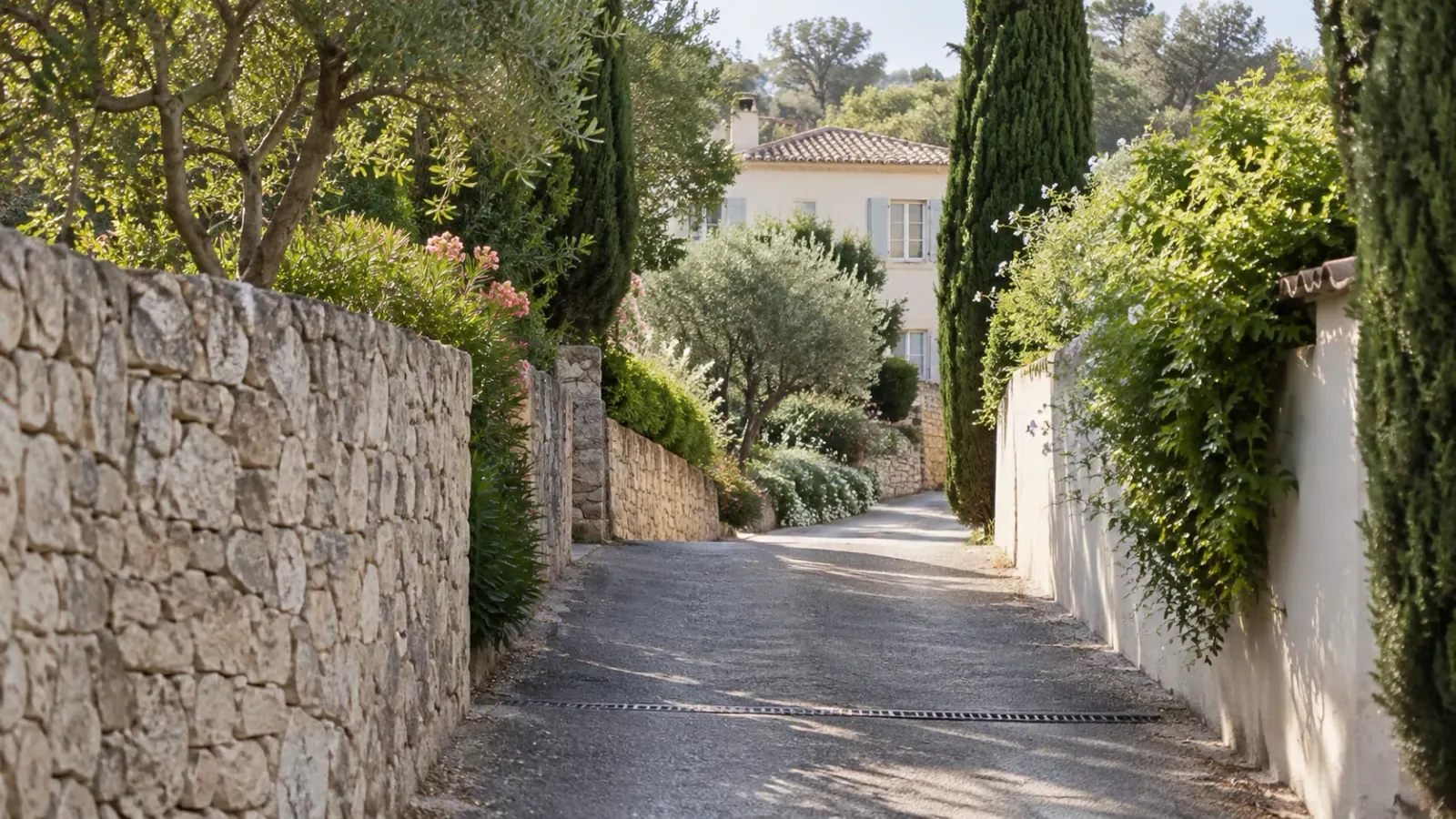 Voie d’accès privée bordée de murs en pierre et de végétation méditerranéenne menant à une maison