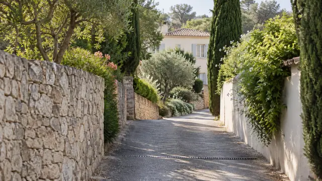 Voie d’accès privée bordée de murs en pierre et de végétation méditerranéenne menant à une maison