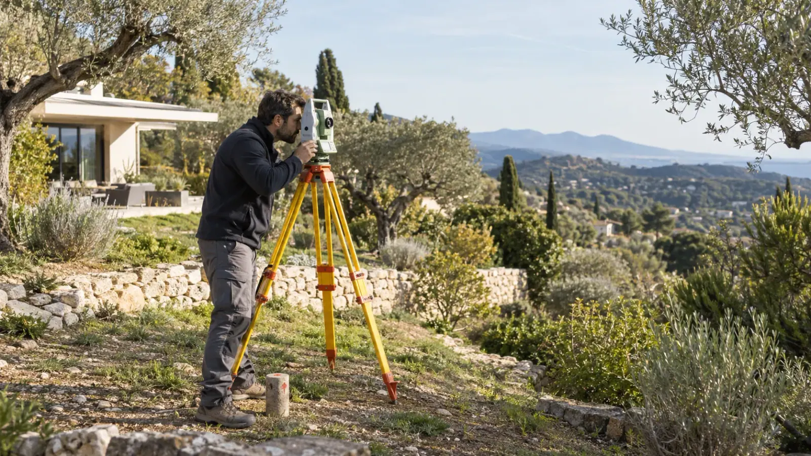 Géomètre utilisant une station de mesure dans le jardin en pente d’une maison méditerranéenne