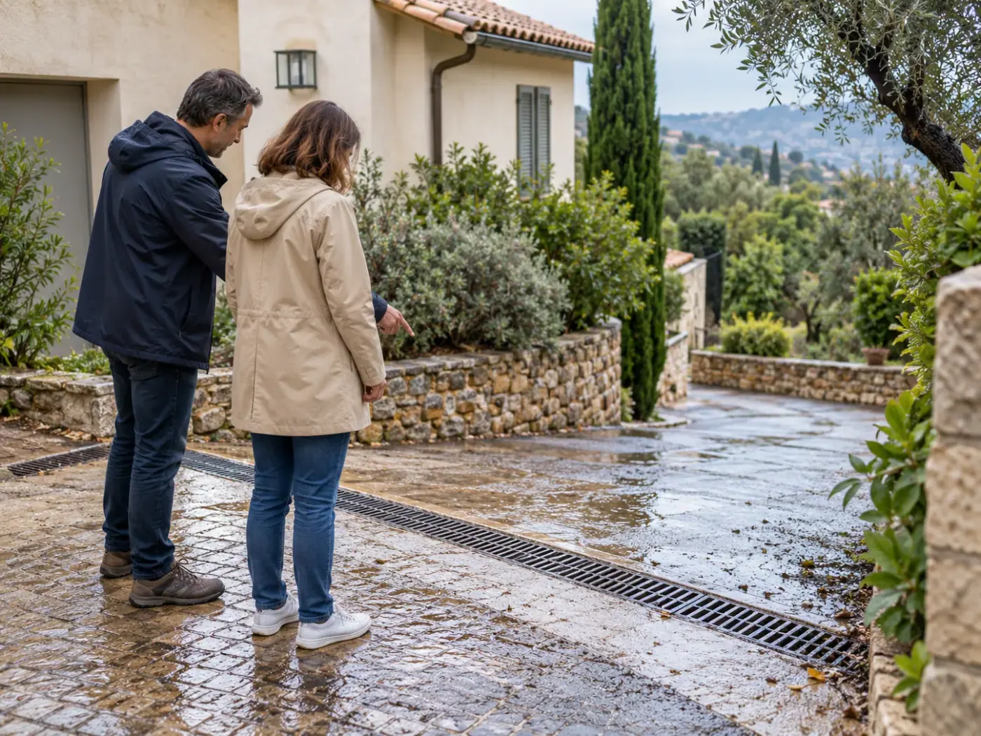Deux personnes examinent un caniveau et les écoulements autour d’une maison après la pluie