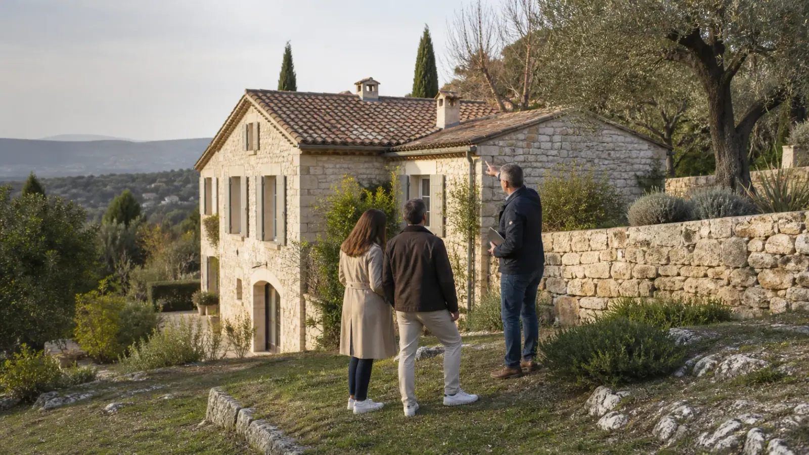 Trois personnes examinent une villa en pierre et son terrain en pente sur la Côte d’Azur