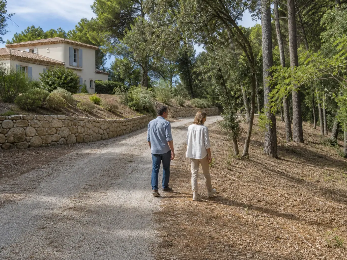 Deux personnes inspectant une voie d’accès et la végétation entretenue autour d’une villa