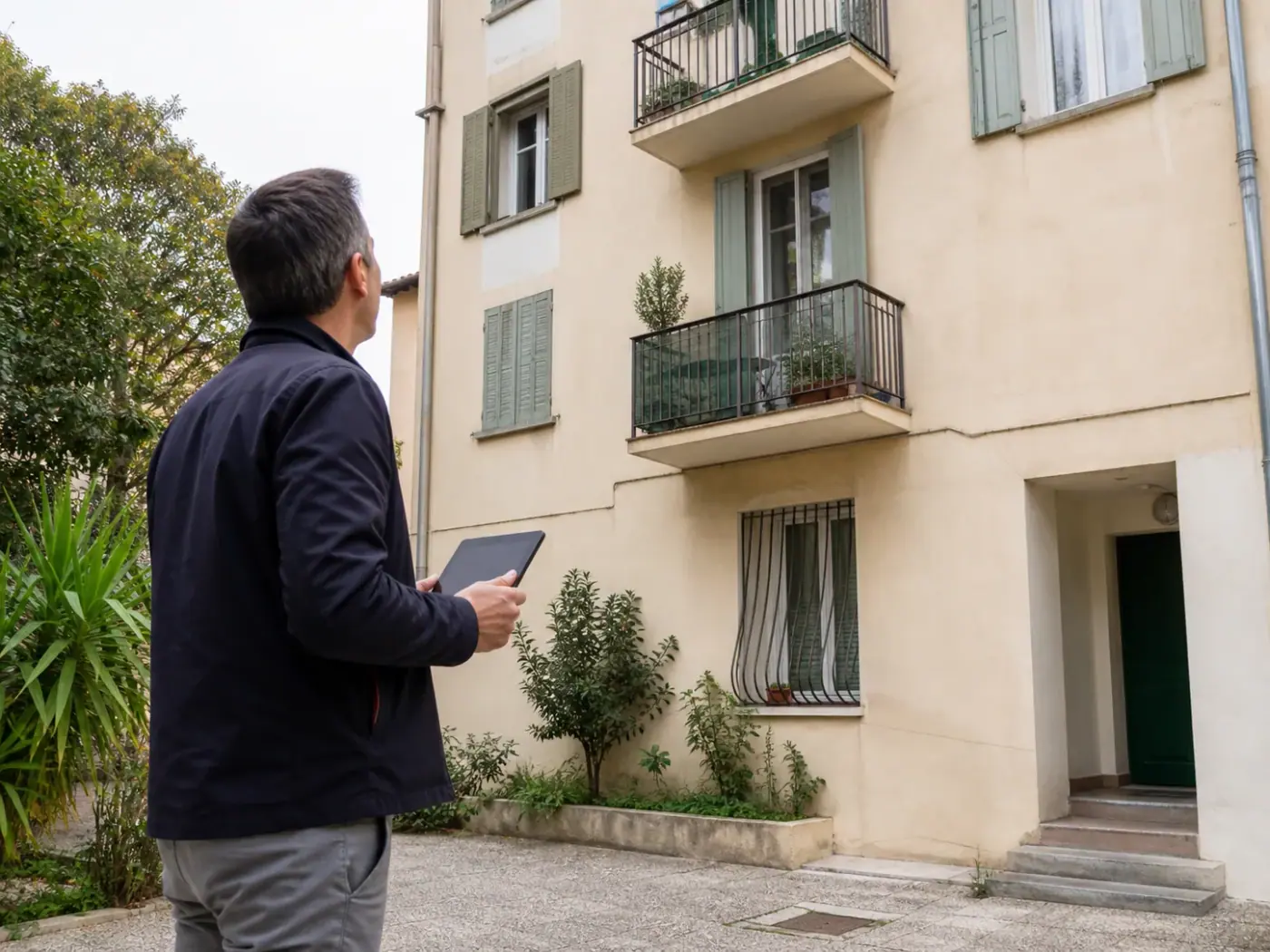 Professionnel observant la façade d’un immeuble résidentiel avec une tablette
