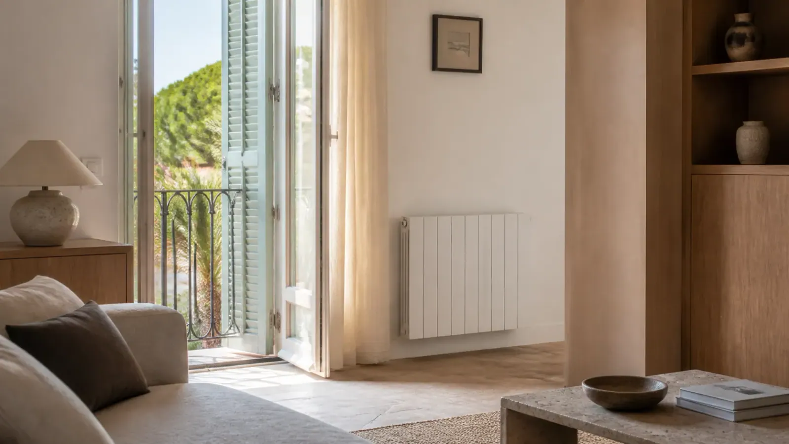 Salon lumineux avec un radiateur électrique près de portes-fenêtres ouvertes sur la végétation
