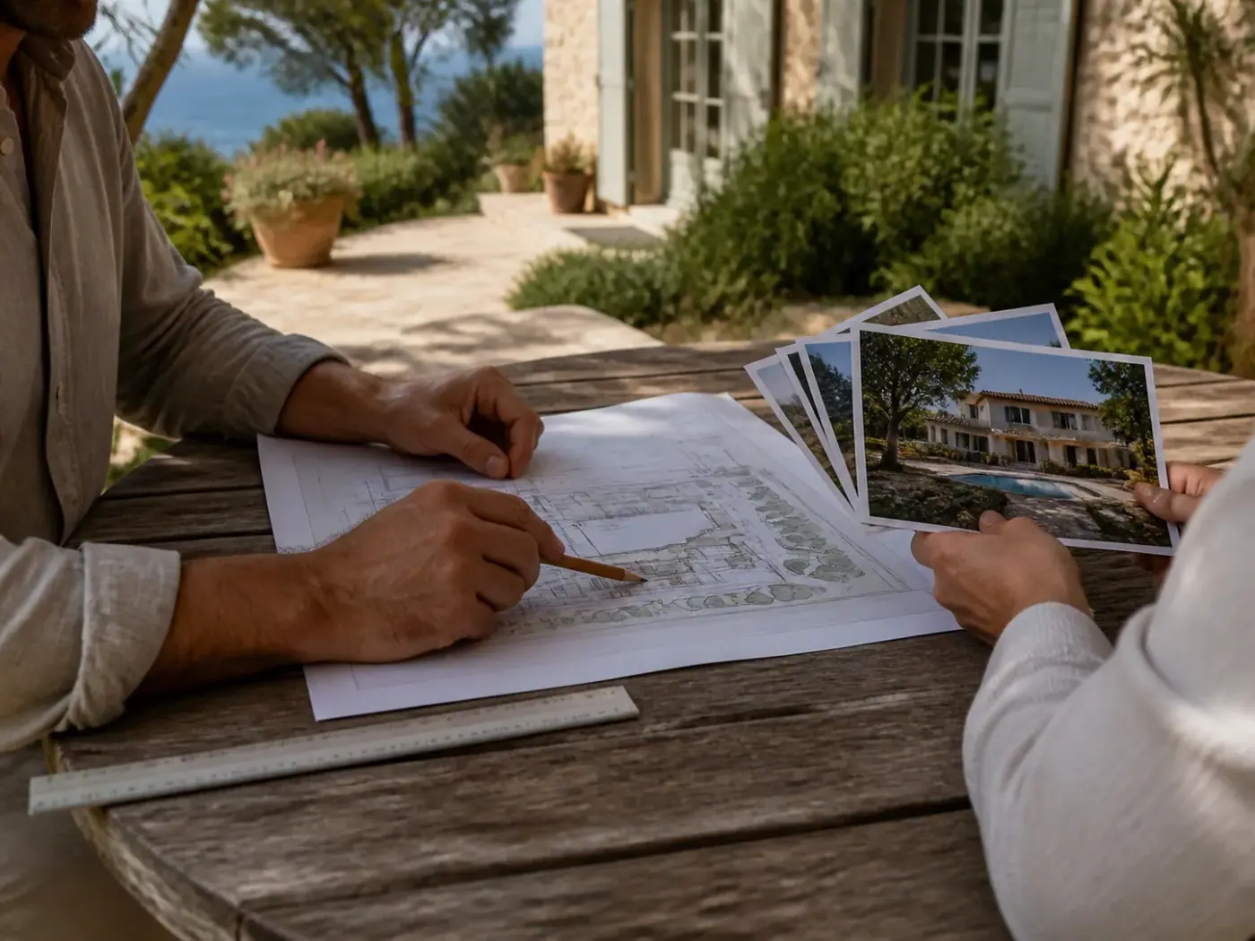 Deux personnes comparent un plan et des photographies d’une villa sur une terrasse