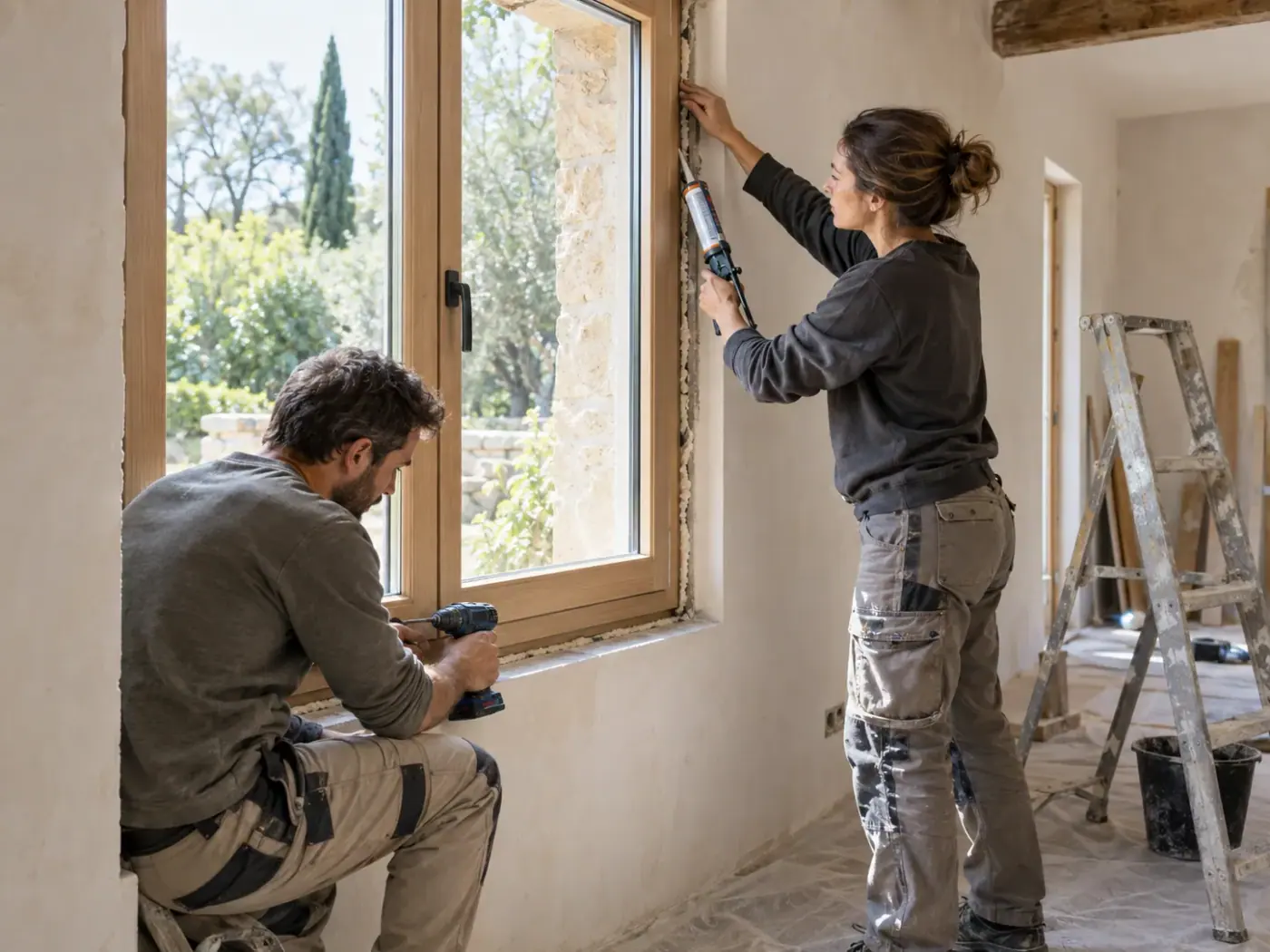 Deux professionnels installant une fenêtre à cadre en bois dans une maison en rénovation