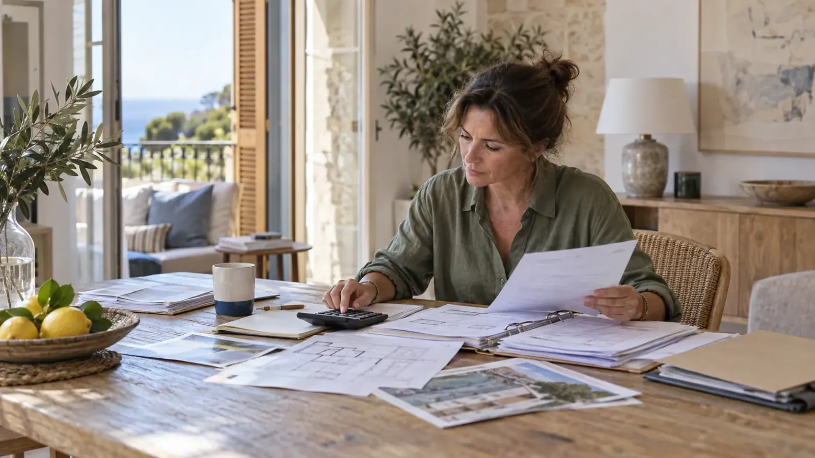 Propriétaire consultant des factures de rénovation et des plans sur une table dans un appartement méditerranéen