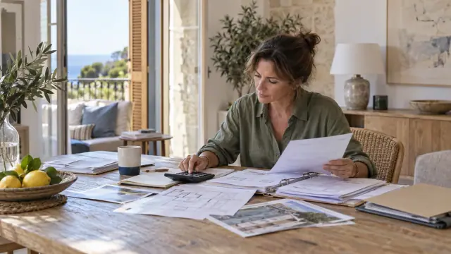 Propriétaire consultant des factures de rénovation et des plans sur une table dans un appartement méditerranéen