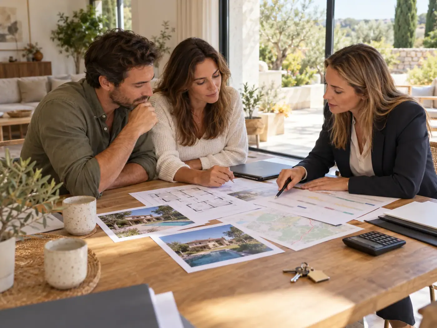Deux propriétaires examinent des plans et un calendrier immobilier avec une conseillère autour d’une table