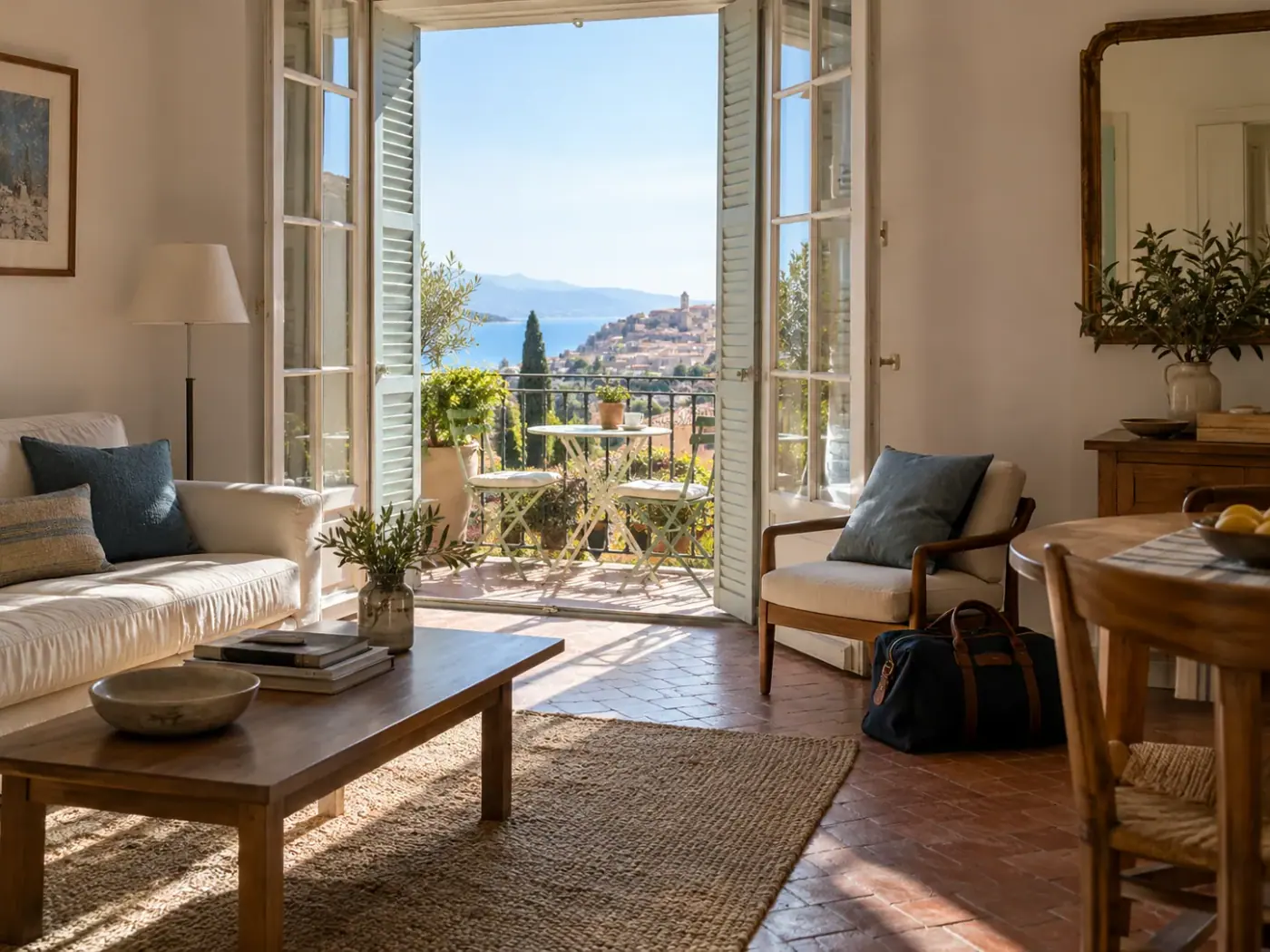 Appartement méditerranéen ouvert sur un balcon avec un sac de voyage posé dans le séjour