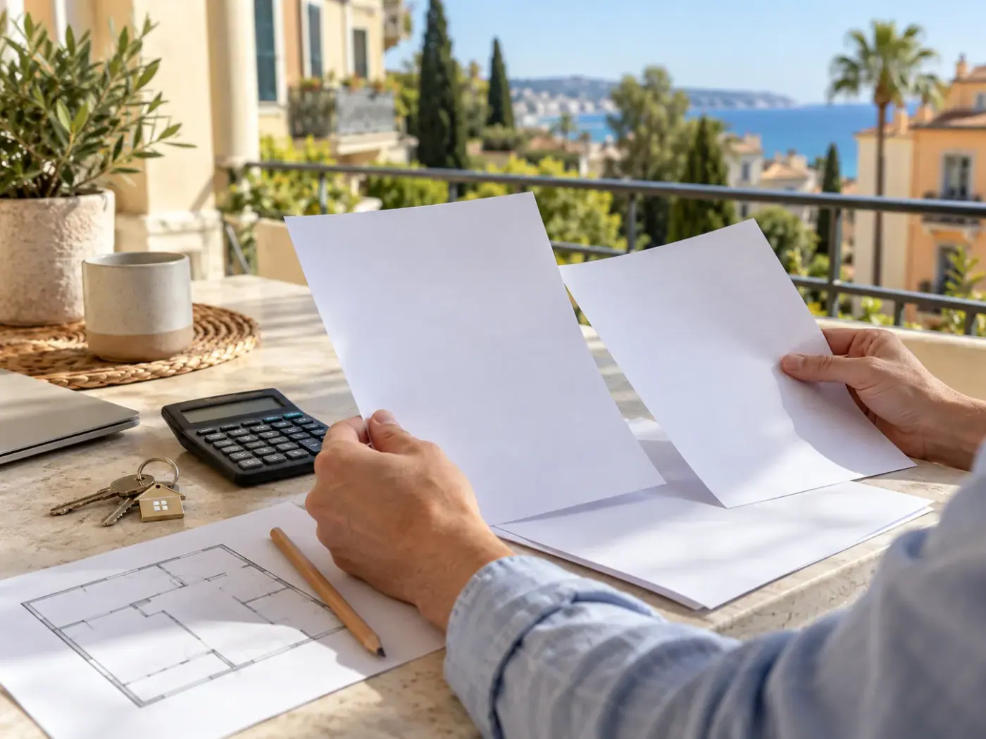 Propriétaire comparant deux documents vierges près d’une calculatrice et de clés sur une terrasse
