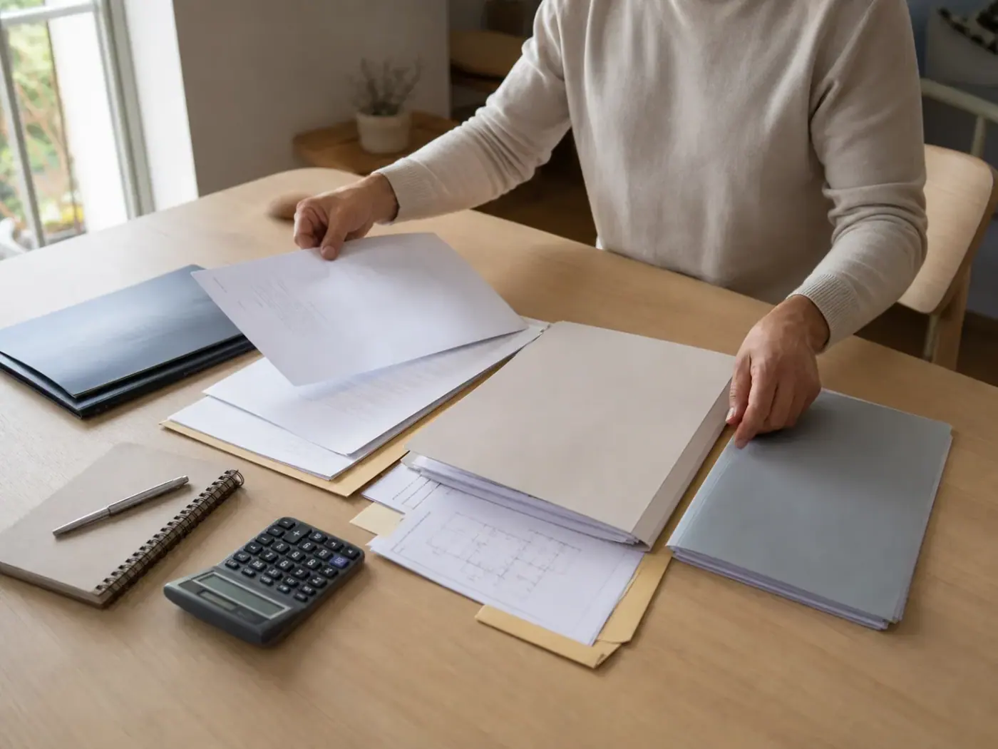 Personne triant des dossiers et des documents immobiliers sur une table en bois