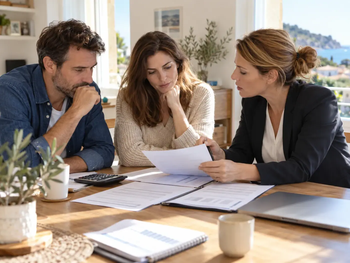 Deux propriétaires examinent des documents financiers avec une conseillère dans un logement lumineux