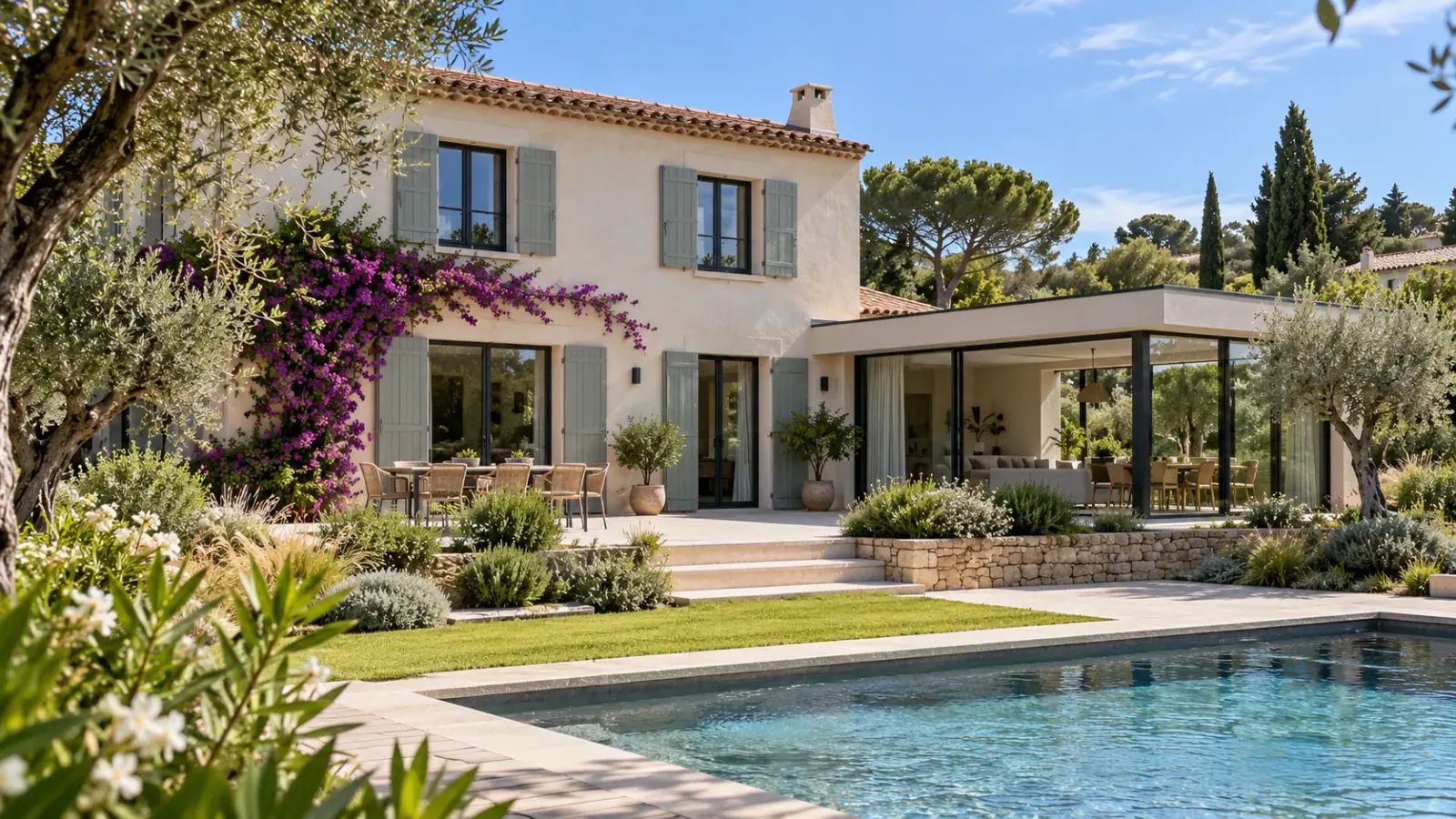 Maison méditerranéenne avec une extension vitrée achevée et un jardin sur la Côte d’Azur
