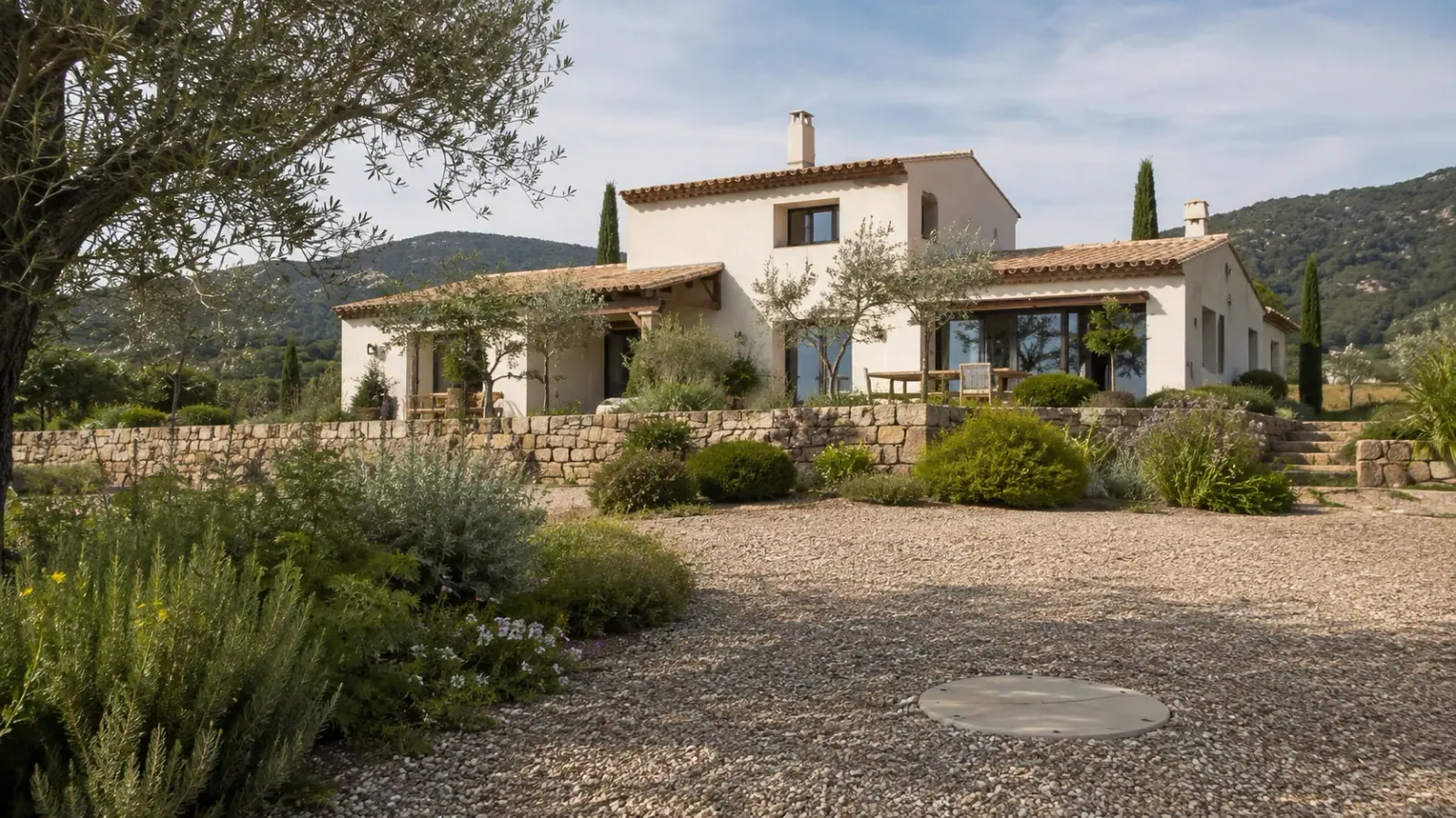 Maison méditerranéenne dans un jardin en gravier avec un regard d’assainissement visible au premier plan.